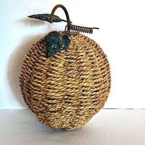 Vtg Metal Jute Rope Pumpkin with Metal Leaves & Stem Fall Thanksgiving Halloween